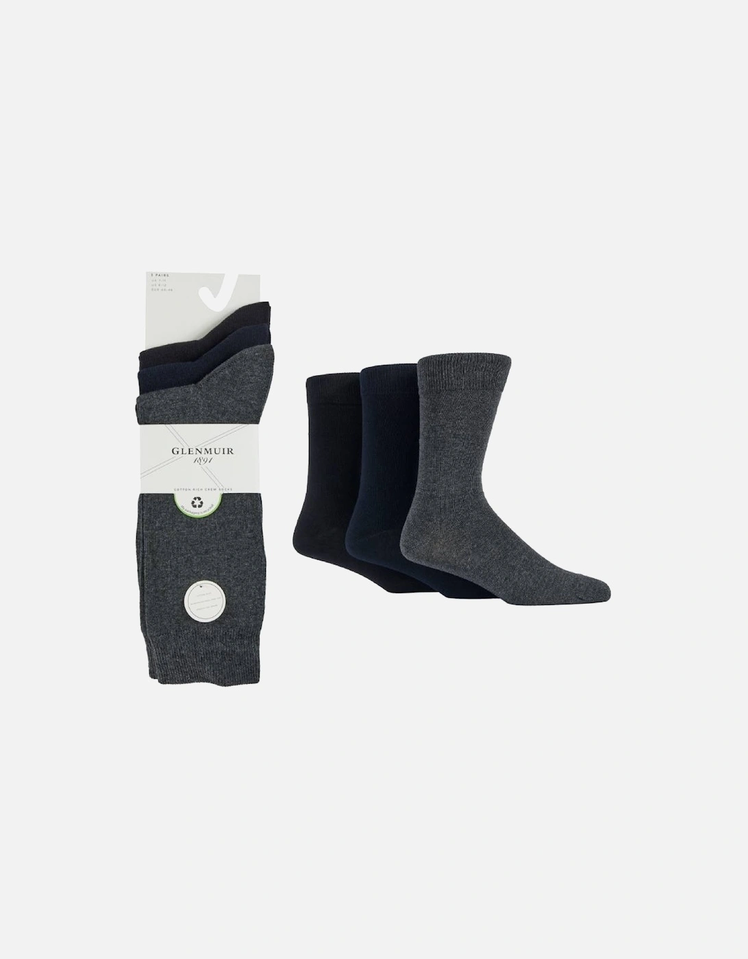 Glenmuir Men's 3-Pack Cotton Plain Socks Black/Navy/Grey