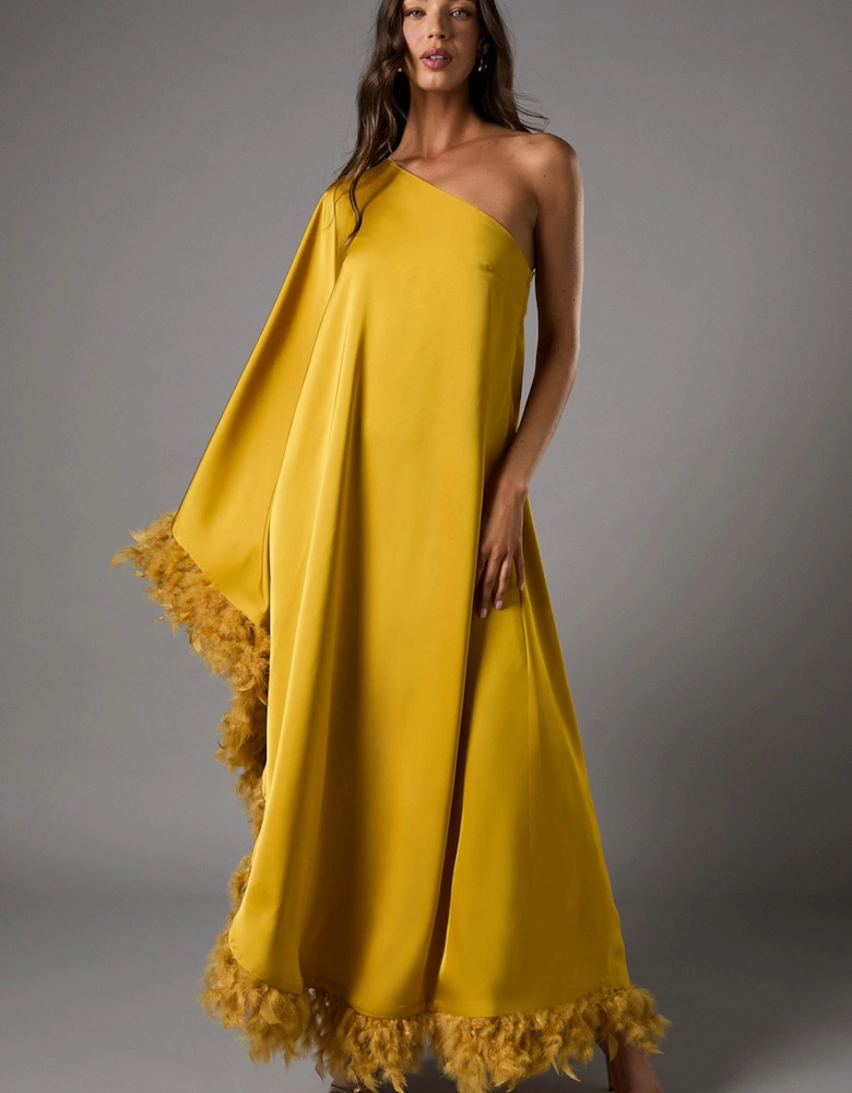 One Shoulder Satin Feather Trim Maxi Dress