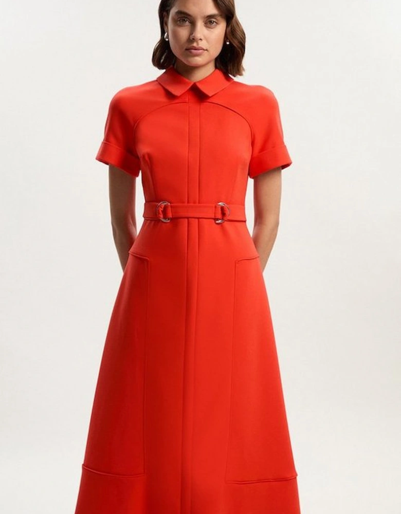 Compact Stretch Tab Detail Full Skirted Midi Dress