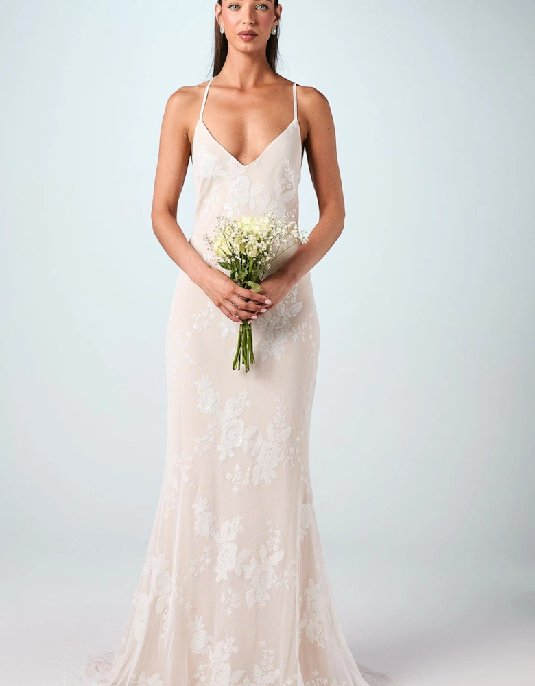 V Neck Embellished Mesh Cami Maxi Wedding Dress