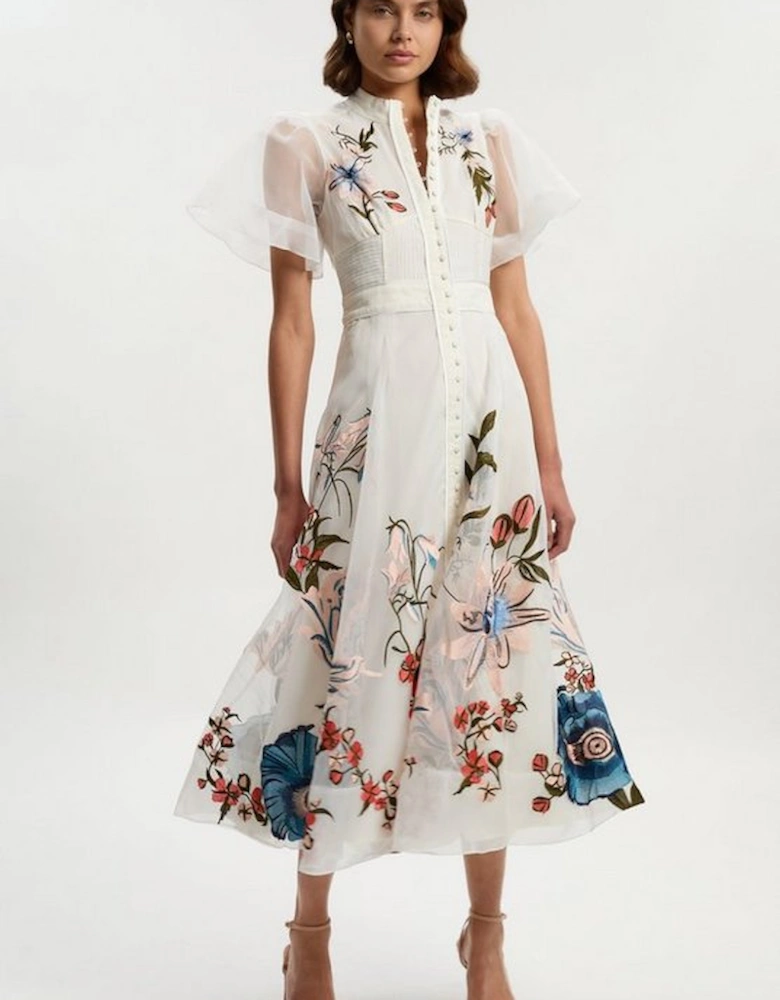 Botanical Embroidery Organdie Angel Sleeve Midi Dress