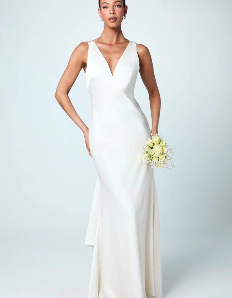 Satin V Neck Maxi Bridemaid Dress with Back Sash Detail