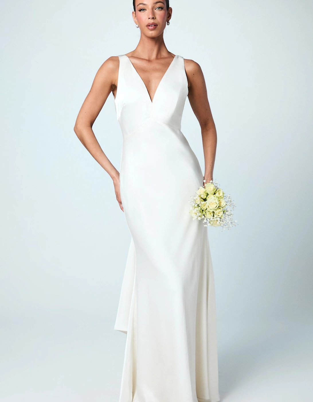 Satin V Neck Maxi Bridemaid Dress with Back Sash Detail, 2 of 1