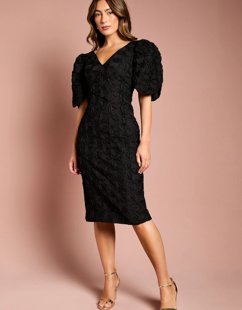 Floral Pleated Sleeve Pencil Dress