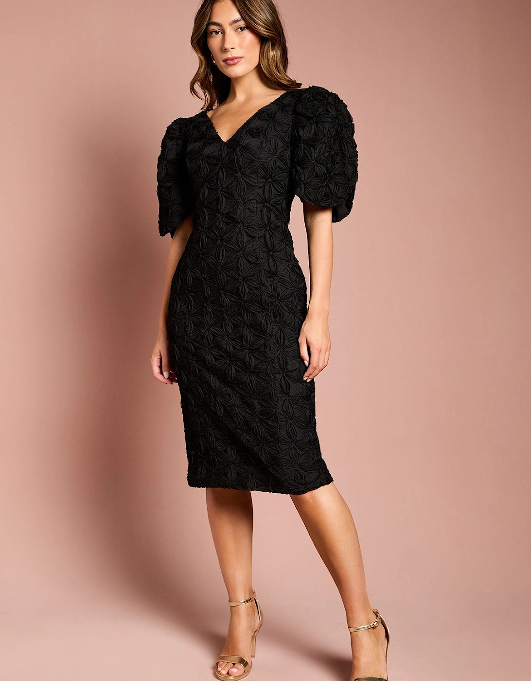 Floral Pleated Sleeve Pencil Dress, 2 of 1