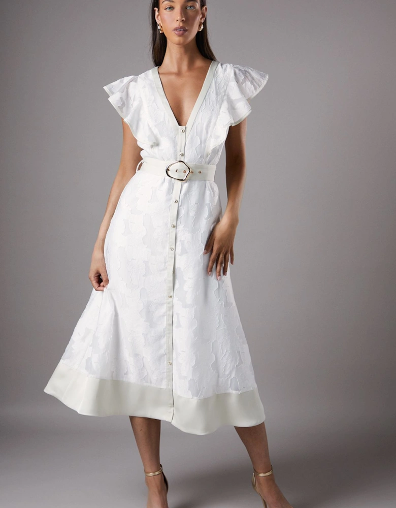 V Neck Organza Jacquard Button Down Midi Dress