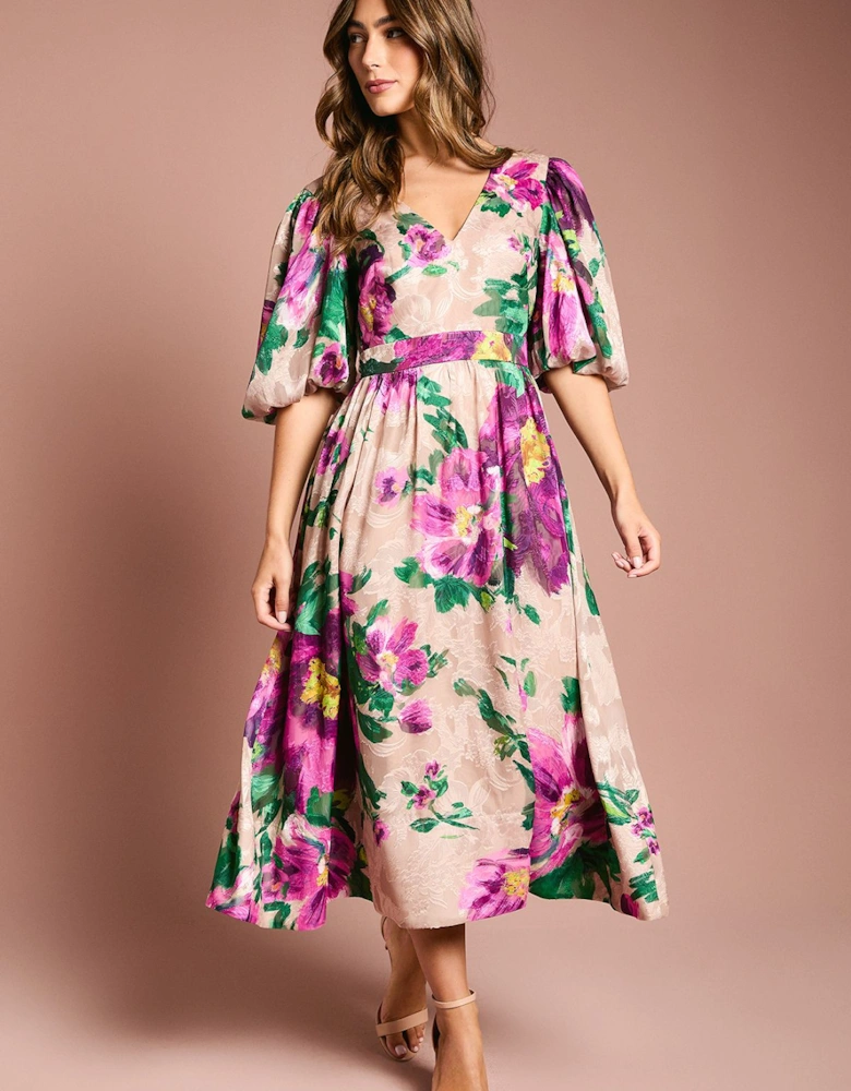 Printed Puff Sleeve Bow Detail Jacquard Midi Dress