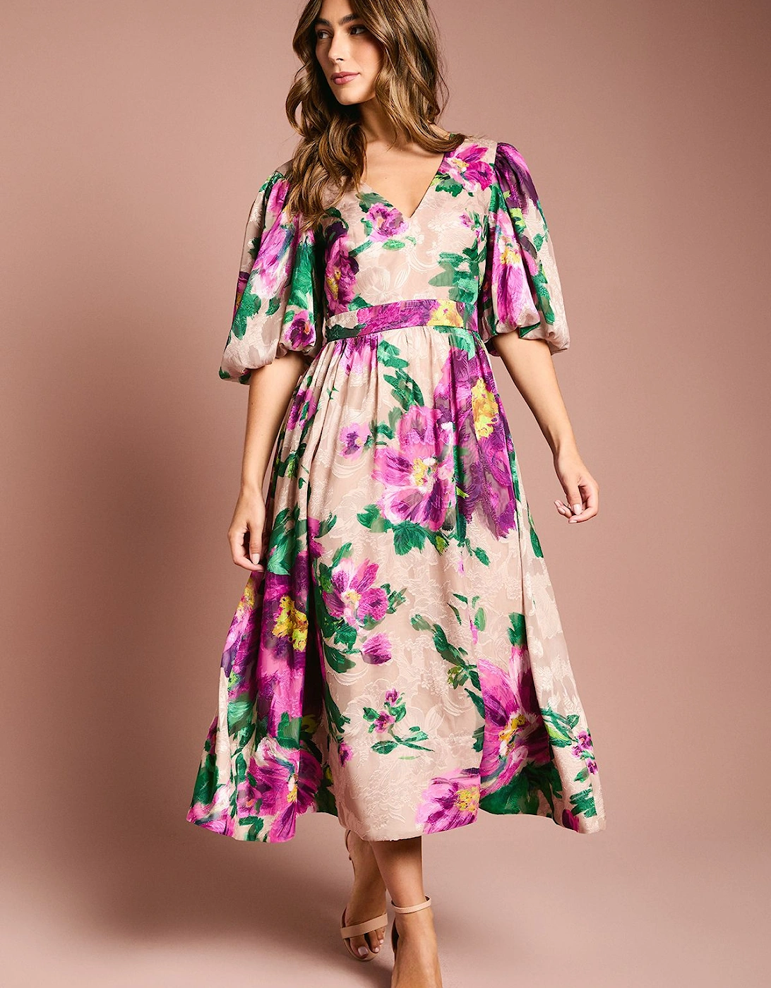 Printed Puff Sleeve Bow Detail Jacquard Midi Dress, 2 of 1