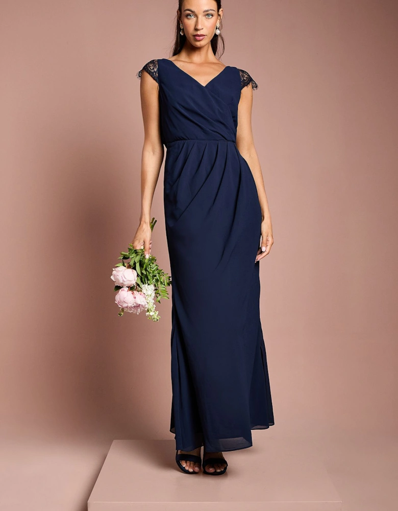 Georgette and Lace Detail Wrap Effect Maxi Bridesmaids Dress