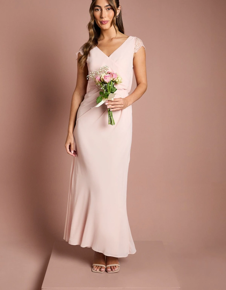 Georgette and Lace Detail Wrap Effect Maxi Bridesmaids Dress