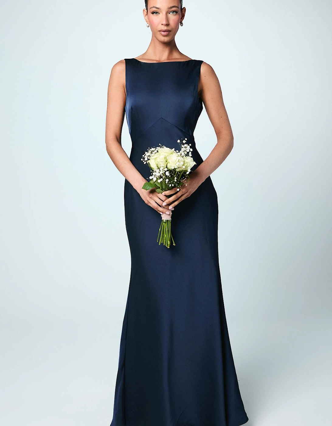 Satin V Back Maxi Bridemaid Dress with Back Sash Detail, 2 of 1