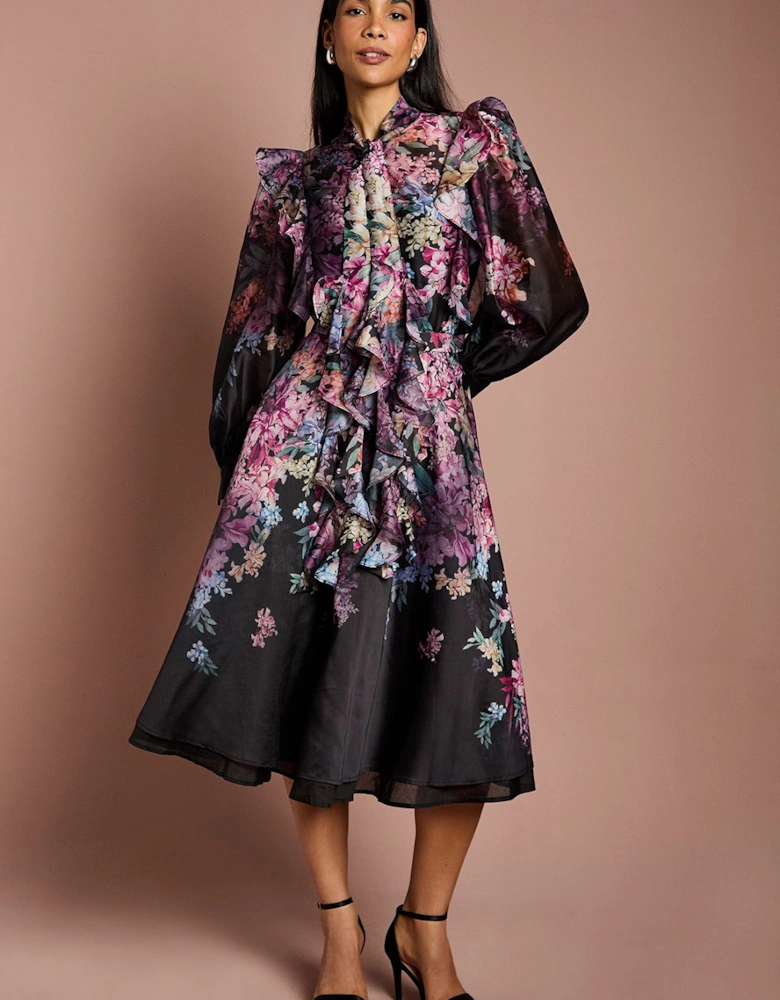 Long Sleeve Frill Trim Organza Blouse With Tie Neck