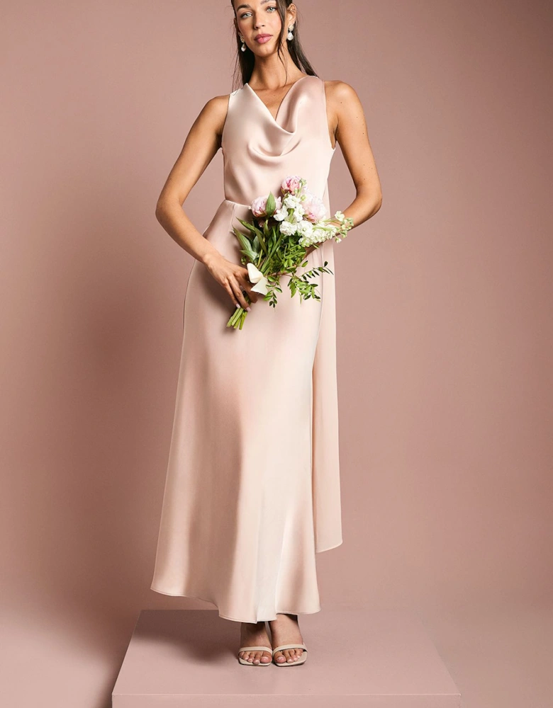 Satin Cowl Neck Bridesmaids Dress with Chiffon Drape