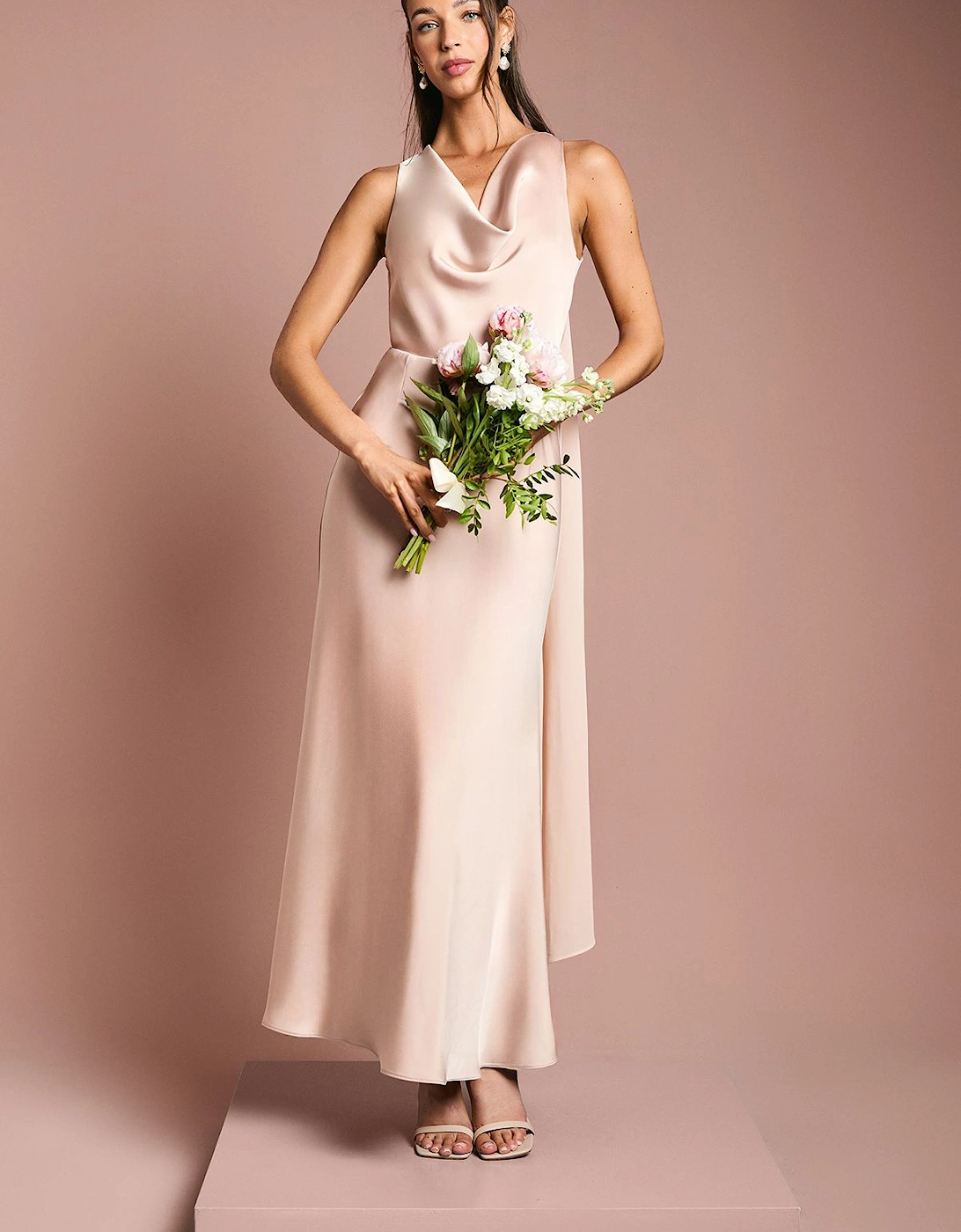 Satin Cowl Neck Bridesmaids Dress with Chiffon Drape, 2 of 1