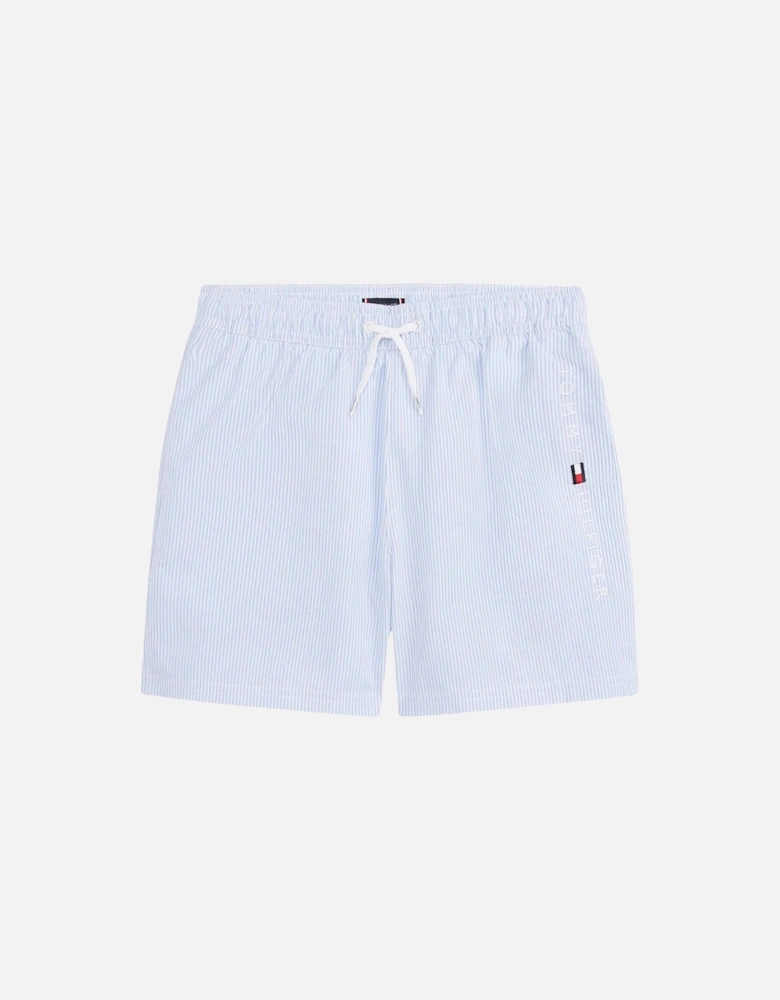 Boys Original Ithaca Stripe Mid Length Swim Shorts, Ithaca White & Sweet Blue
