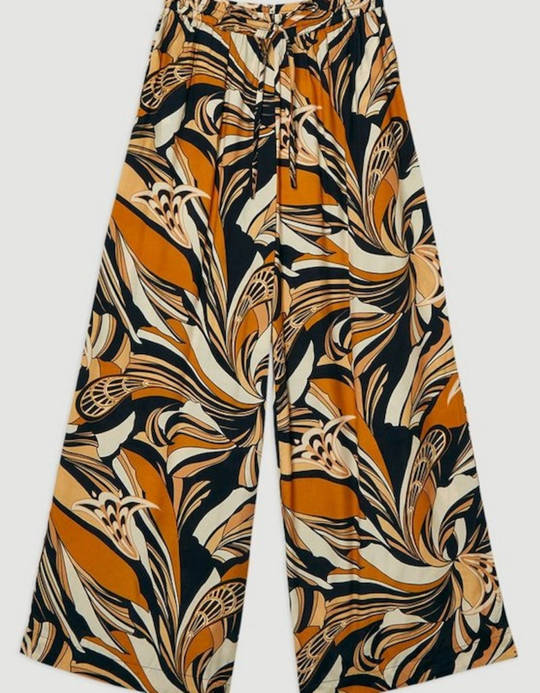 Beach Border Print Spun Viscose Tie Waist Wide Leg Trousers