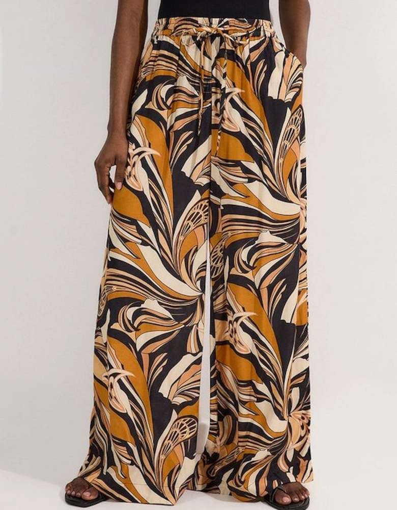 Beach Border Print Spun Viscose Tie Waist Wide Leg Trousers