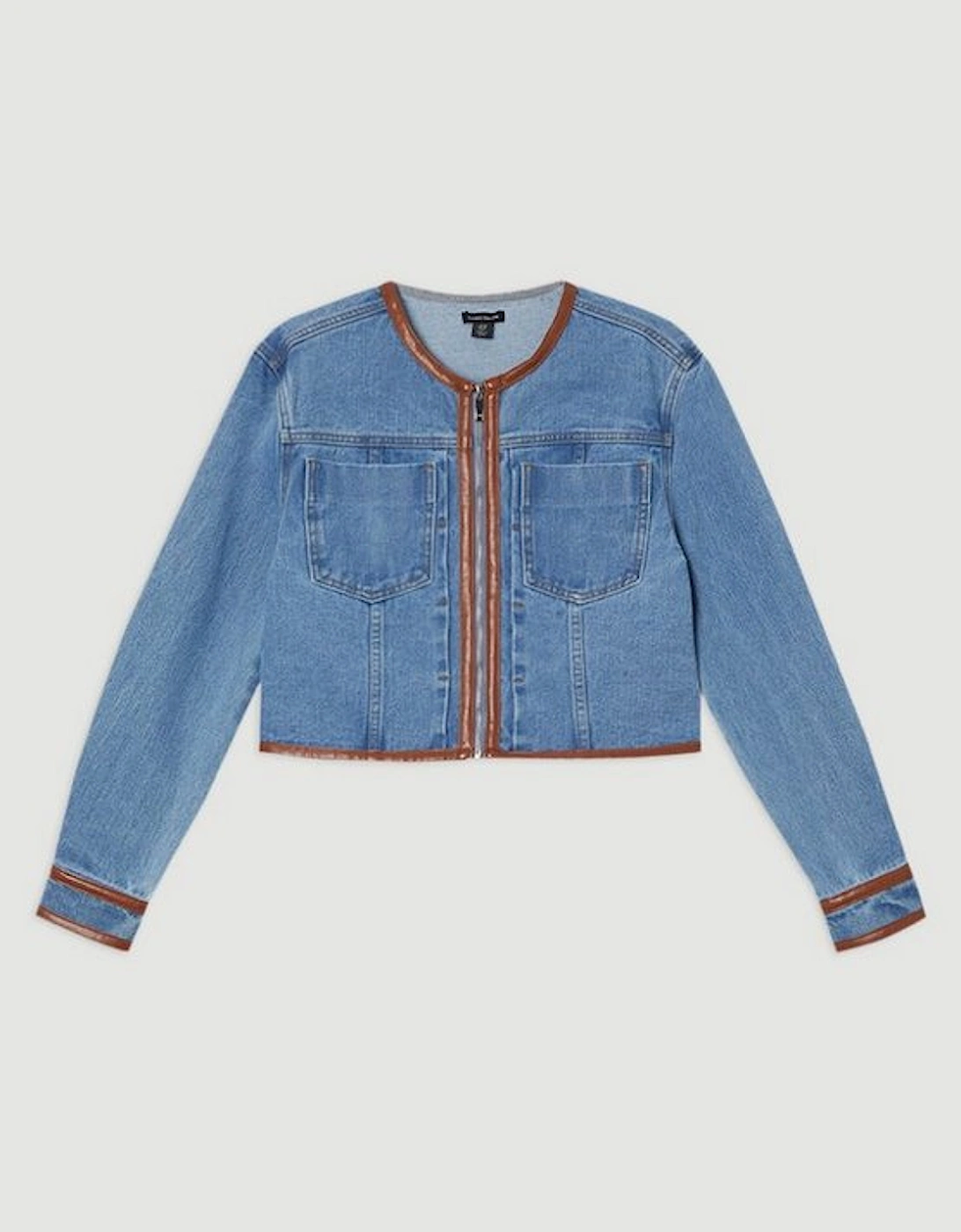 Plus Size Denim & Faux Leather Tipping Collarless Tailored Jacket
