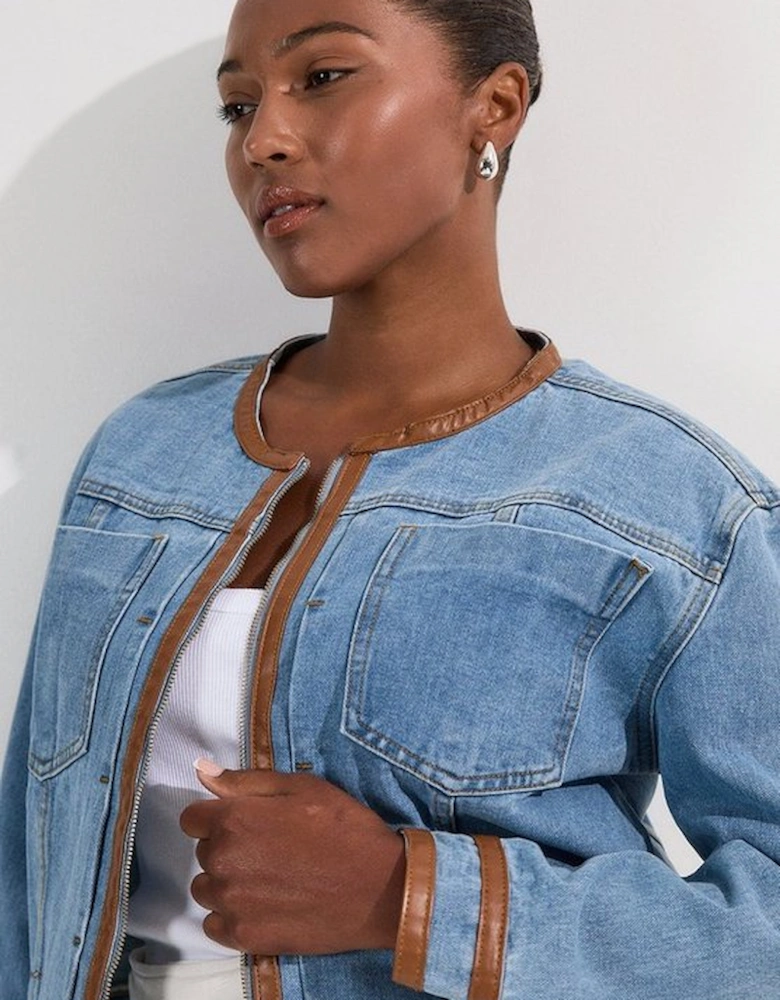 Plus Size Denim & Faux Leather Tipping Collarless Tailored Jacket