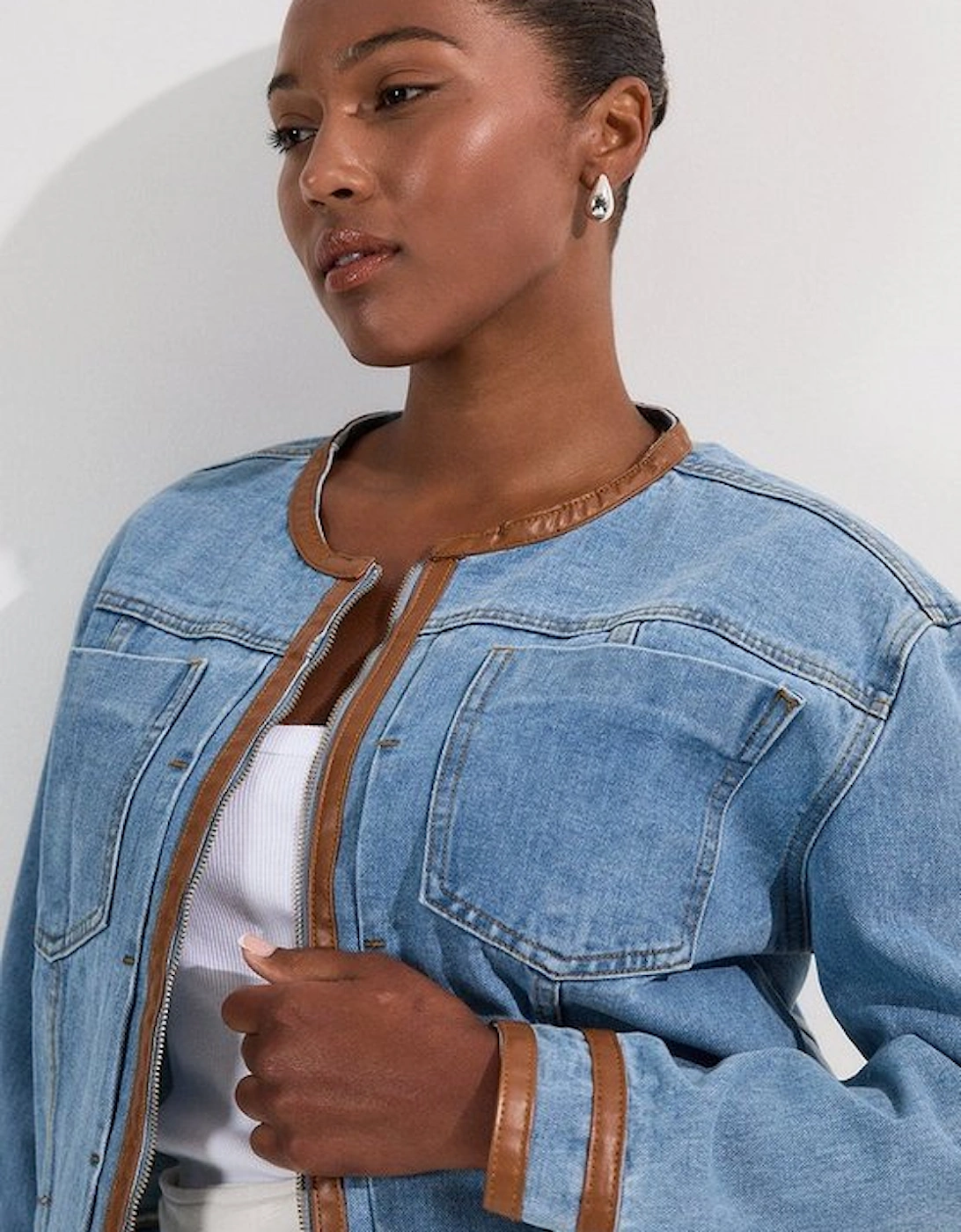 Plus Size Denim & Faux Leather Tipping Collarless Tailored Jacket