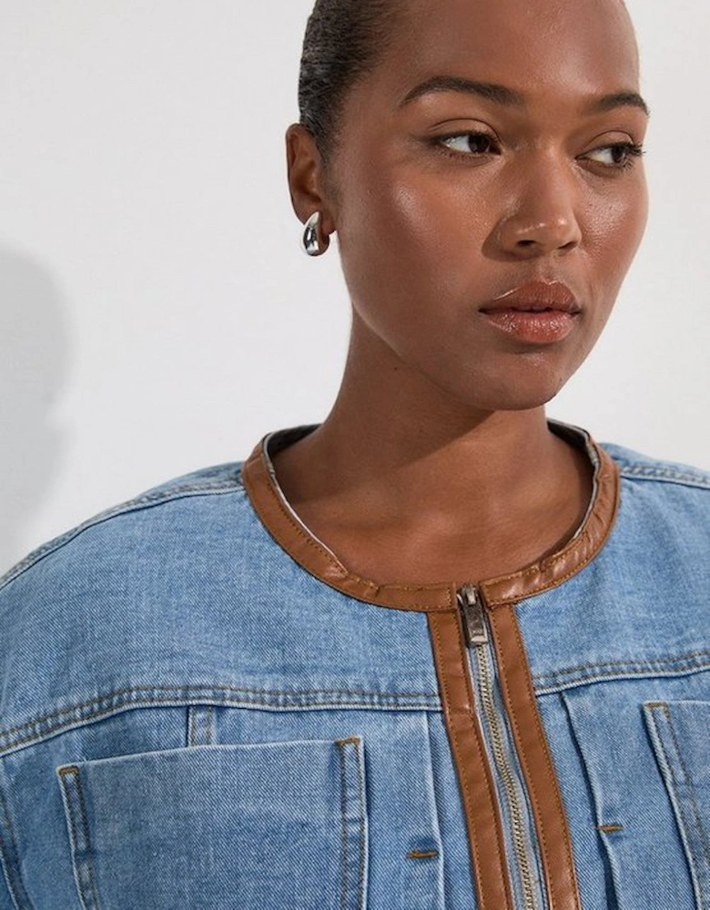 Plus Size Denim & Faux Leather Tipping Collarless Tailored Jacket