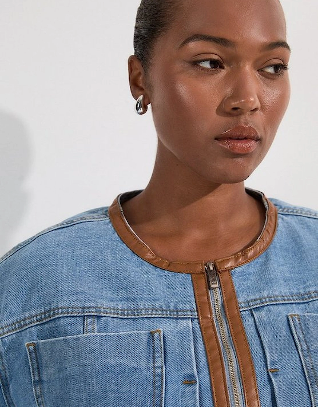 Plus Size Denim & Faux Leather Tipping Collarless Tailored Jacket