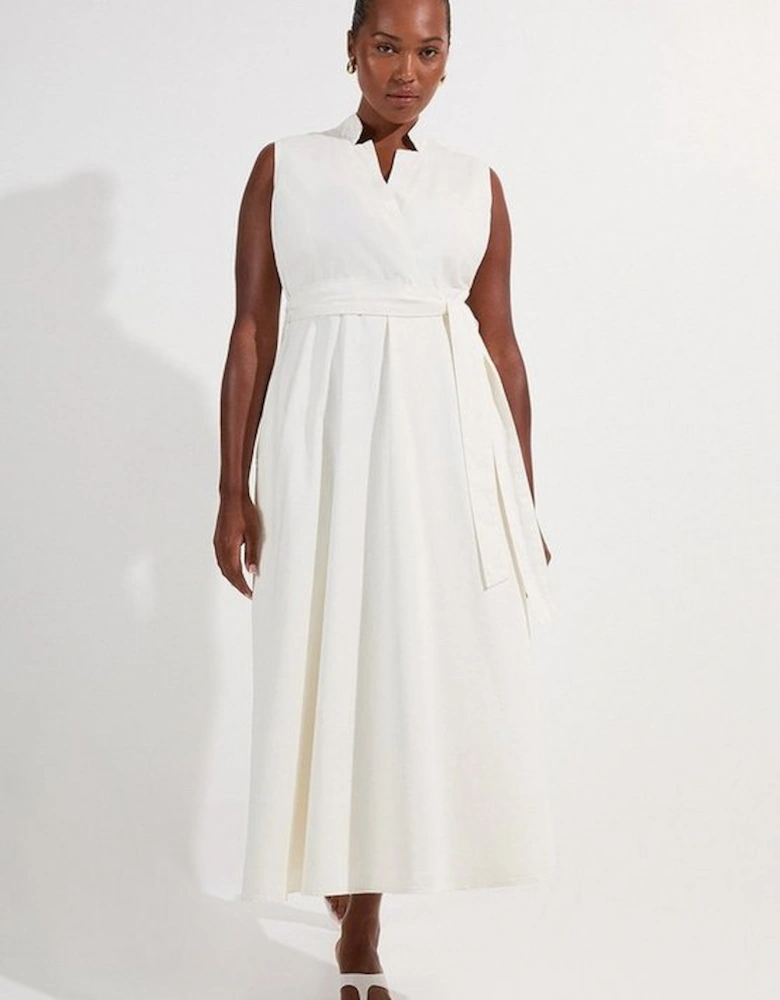 Plus Size Denim Tailored Notch Neck Belted Fluid Midi Dress