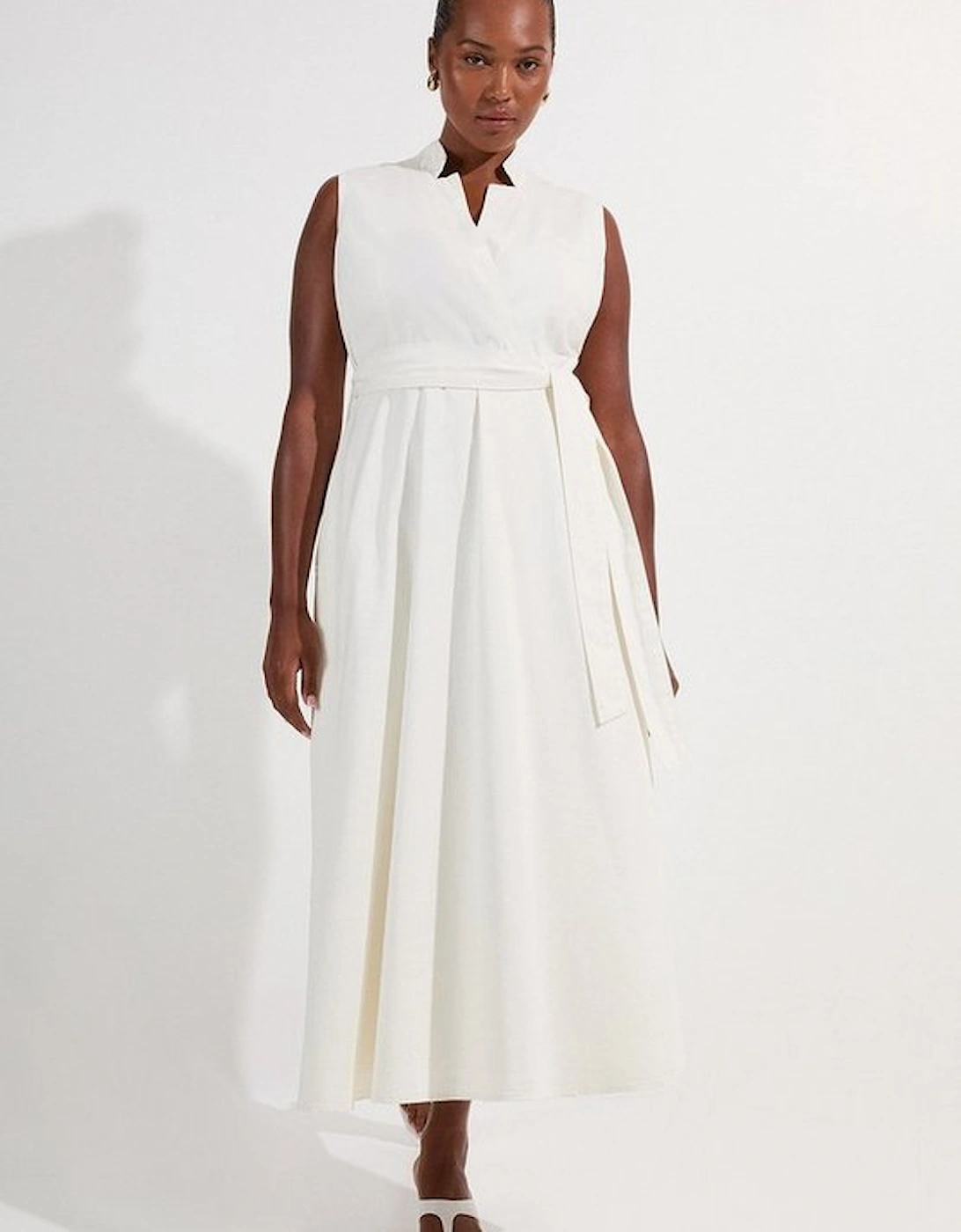 Plus Size Denim Tailored Notch Neck Belted Fluid Midi Dress, 5 of 4