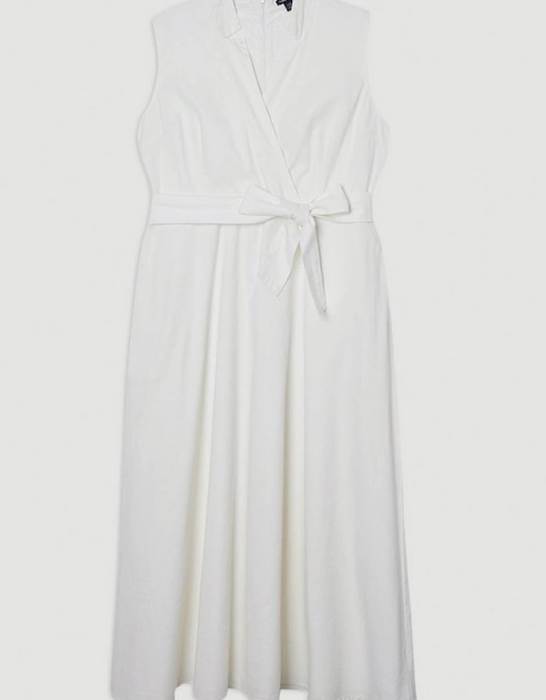 Plus Size Denim Tailored Notch Neck Belted Fluid Midi Dress
