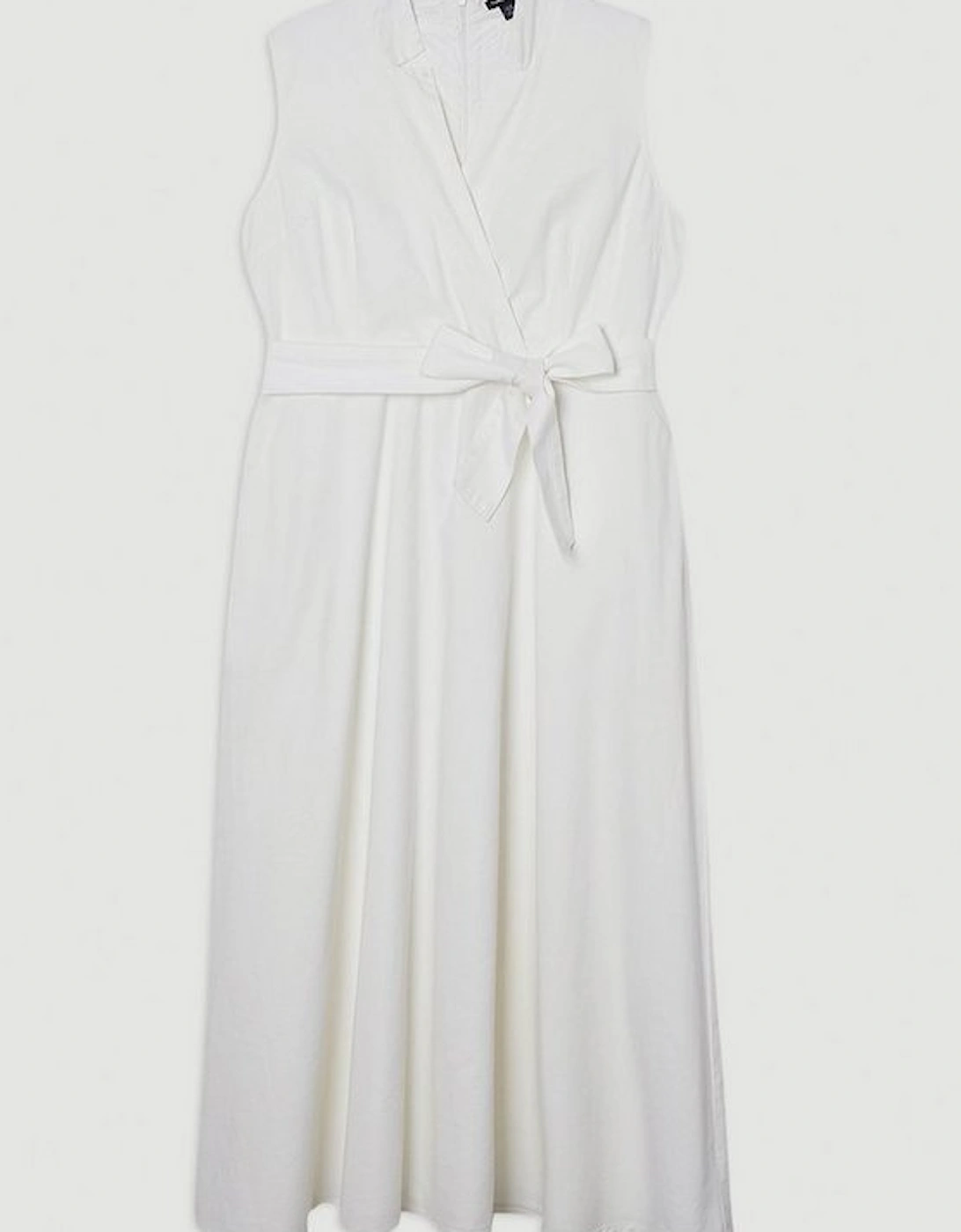 Plus Size Denim Tailored Notch Neck Belted Fluid Midi Dress