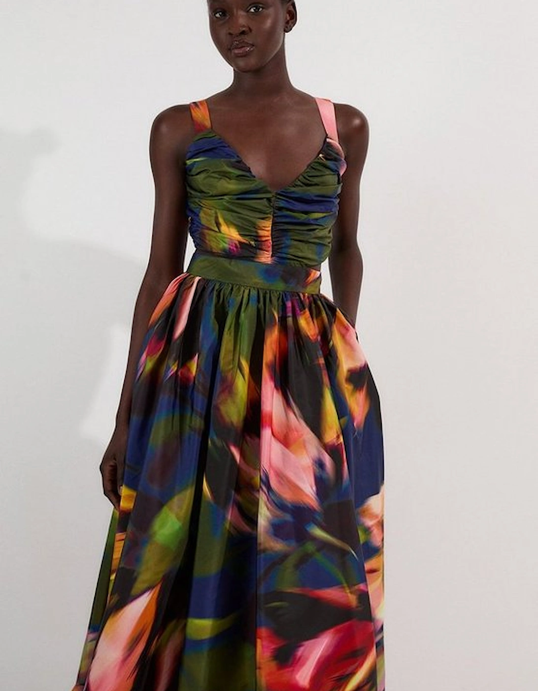Blurred Floral Drama Woven Taffeta Maxi Dress