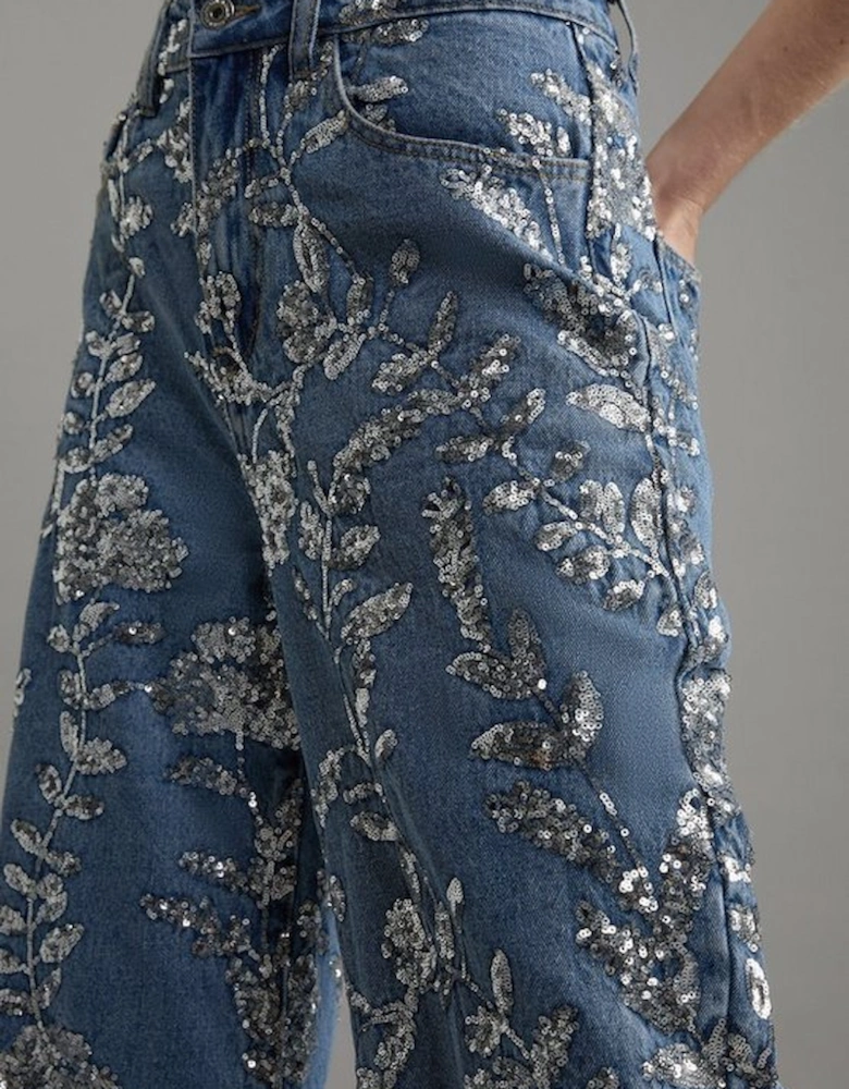 Petite Denim All Over Floral Sequin Wide Leg Trousers