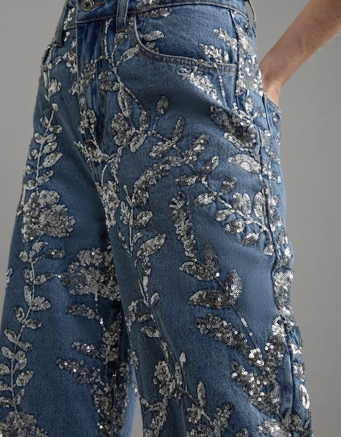 Petite Denim All Over Floral Sequin Wide Leg Trousers