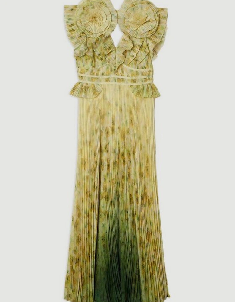 Crinkle Pleat Border Print Maxi Dress With Rosette Detail