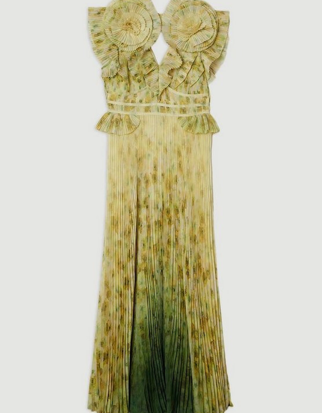 Crinkle Pleat Border Print Maxi Dress With Rosette Detail