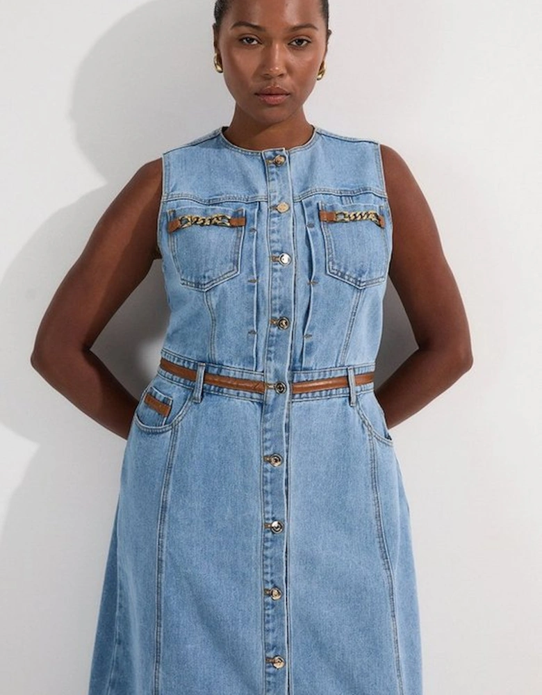 Plus Size Denim & Faux Leather Tipping Sleeveless Midi Dress