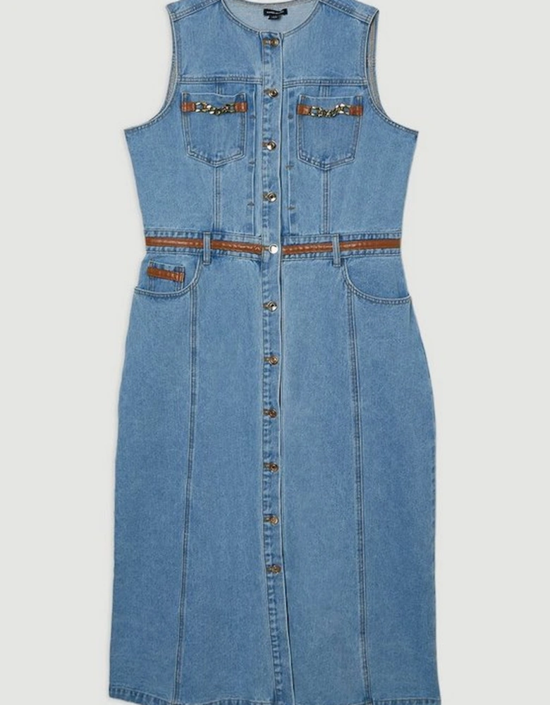 Plus Size Denim & Faux Leather Tipping Sleeveless Midi Dress