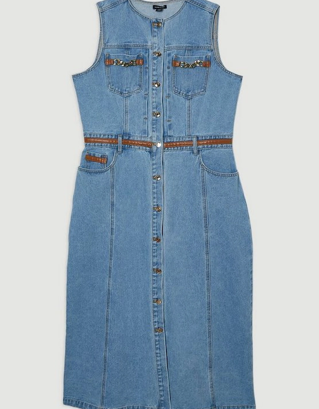 Plus Size Denim & Faux Leather Tipping Sleeveless Midi Dress