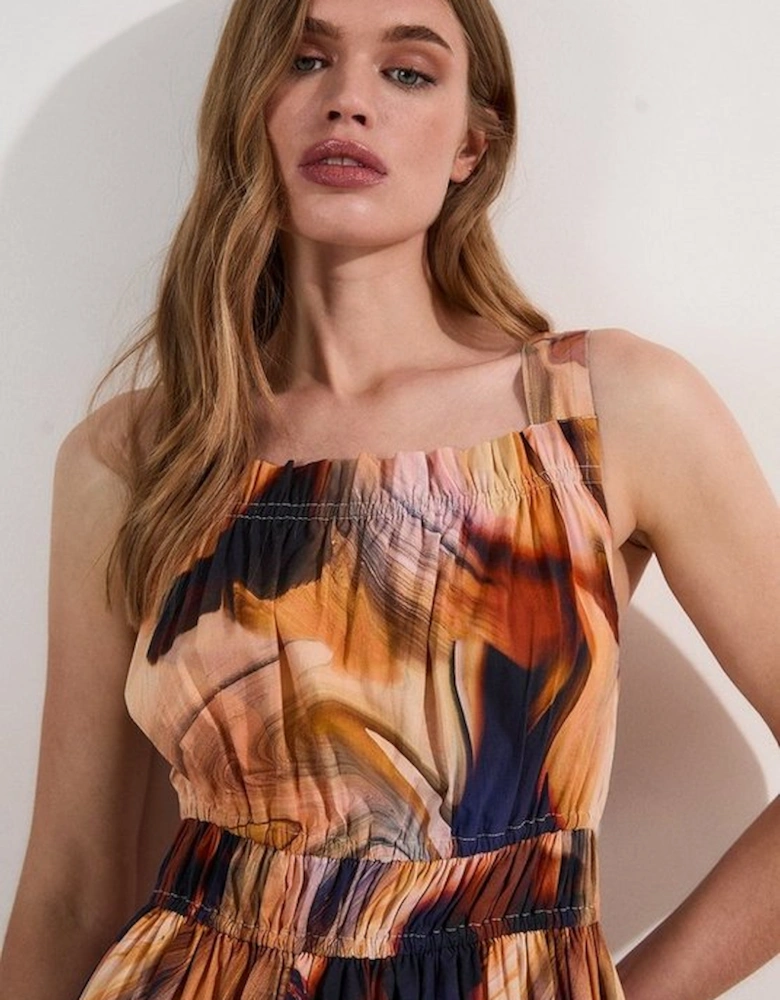 Shirred Cotton Tiered Printed Woven Maxi Dress