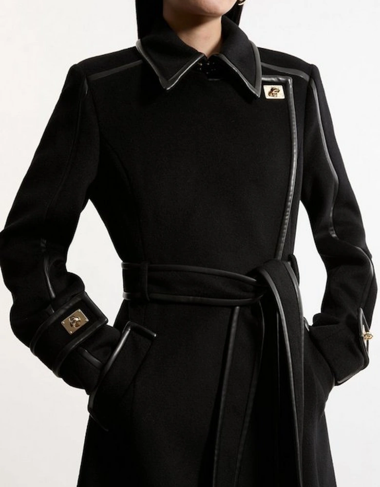 Brushed Wool Pu Trim Belted Tailored Double Breasted Midi Coat