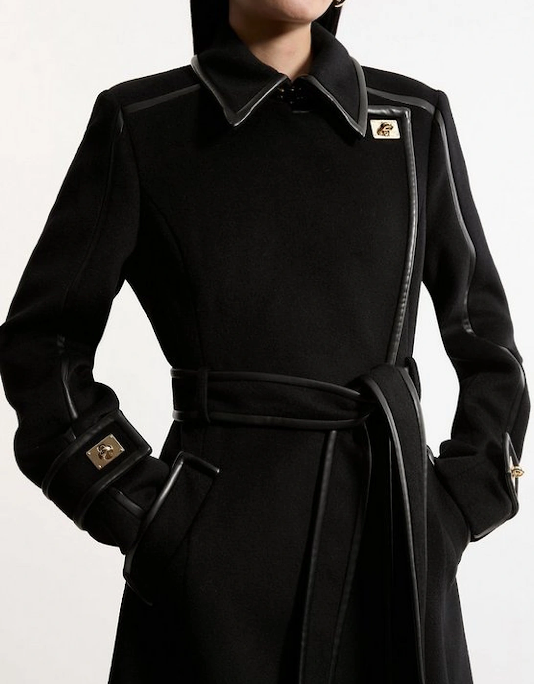 Brushed Wool Pu Trim Belted Tailored Double Breasted Midi Coat