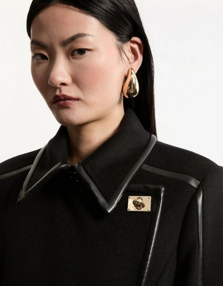 Brushed Wool Pu Trim Belted Tailored Double Breasted Midi Coat