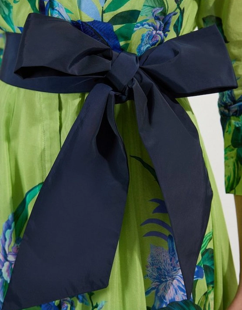 Tropical Floral Silk Cotton Woven Shirt Midi Dress