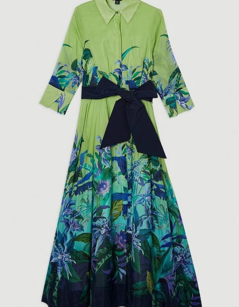 Tropical Floral Silk Cotton Woven Shirt Midi Dress