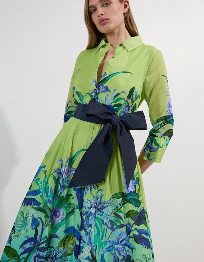 Tropical Floral Silk Cotton Woven Shirt Midi Dress