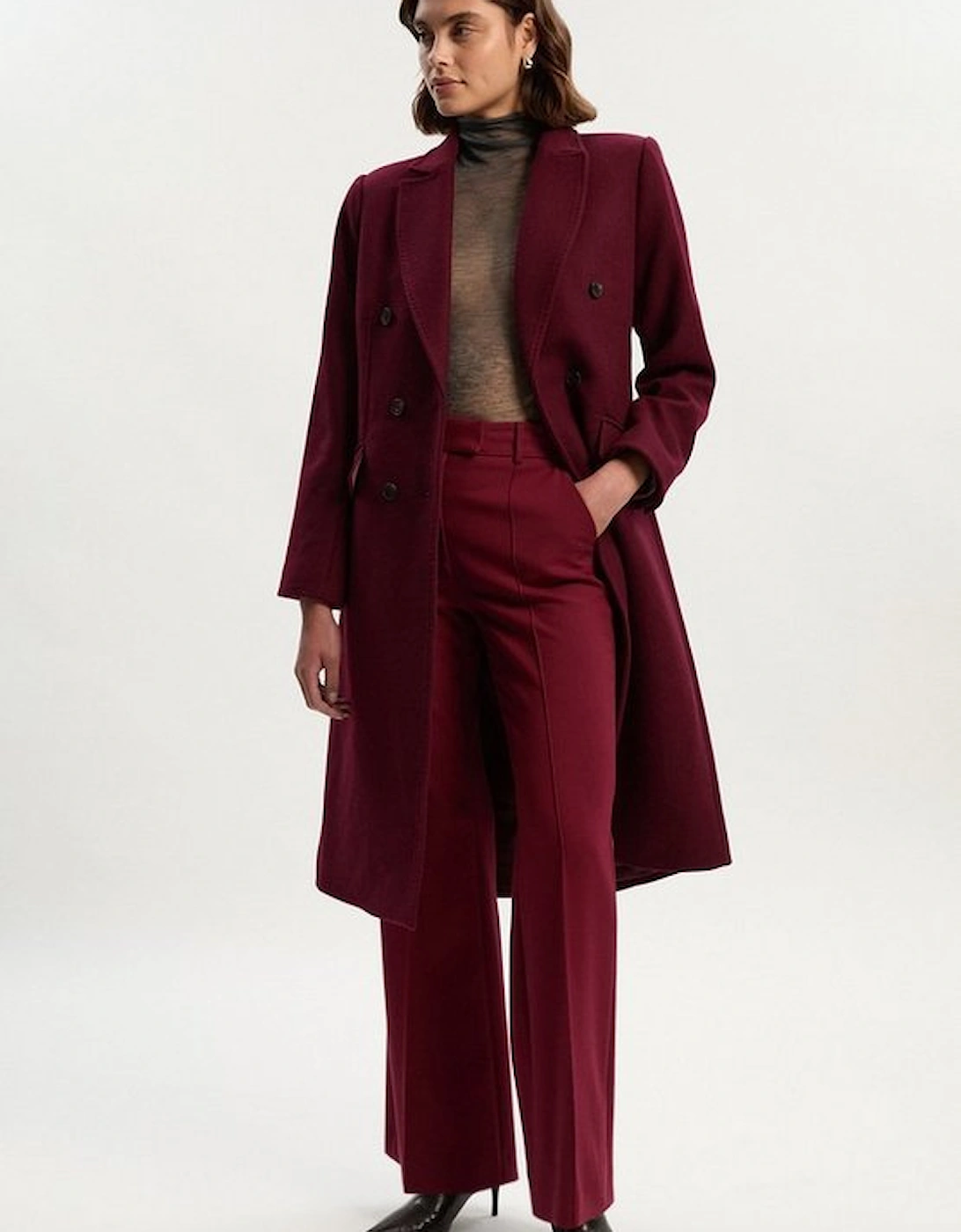 Wool Fitted Double Breasted Tailored Midi Coat