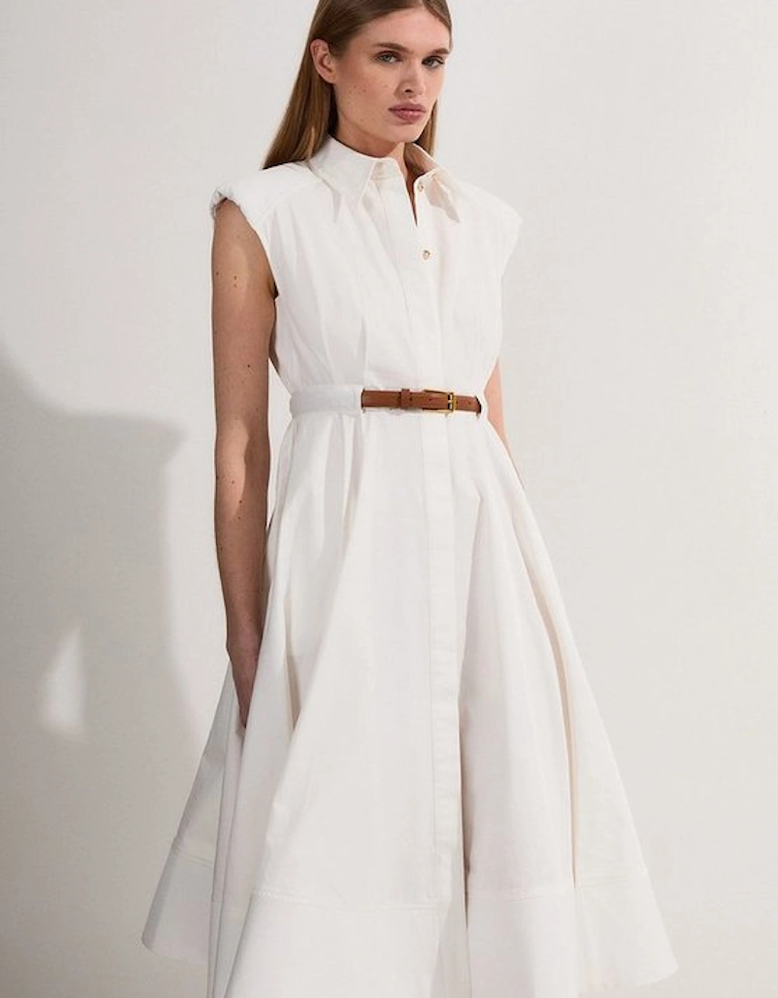 Petite Tailored Cotton Belted Collared Full Midi Dress