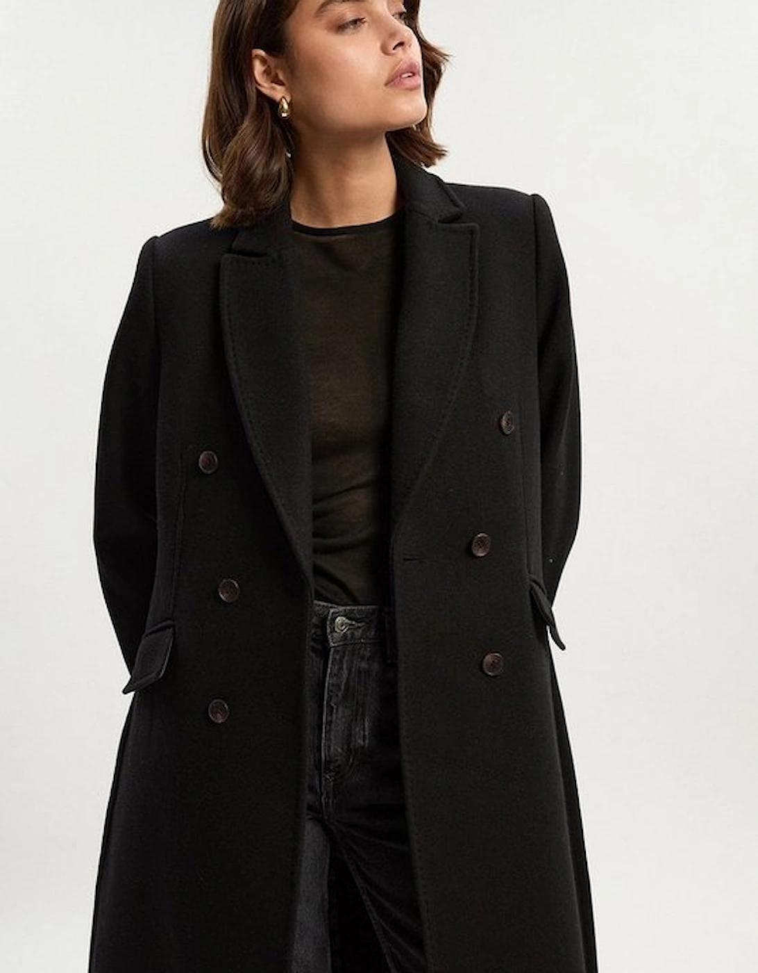 Wool Fitted Double Breasted Tailored Midi Coat