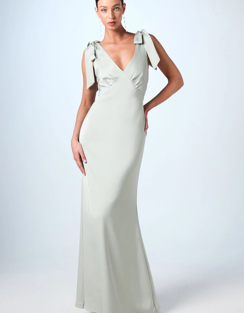 Honoured Satin Back Crepe V Neck Tie Shoulder Maxi Bridesmaid Dress