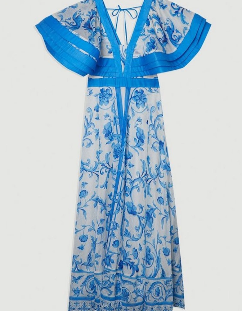 Organdie Ruffle Sleeve Plunge Neck Floral Print Woven Maxi Dress